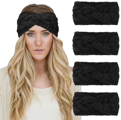 DRESHOW 4 Pièces Bandeau Cheveux pour Femme Bandeaux Hiver Serre-Tête Tricoté Oreille Réchauffeur Chaud Noué Bande Elastique Cheveux