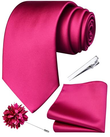 Branduce 3.15（8cm） Mens Tie and Lapel Pin Solid Necktie Handkerchief Tie Clip Set for Men, Fuchsia Pink, general