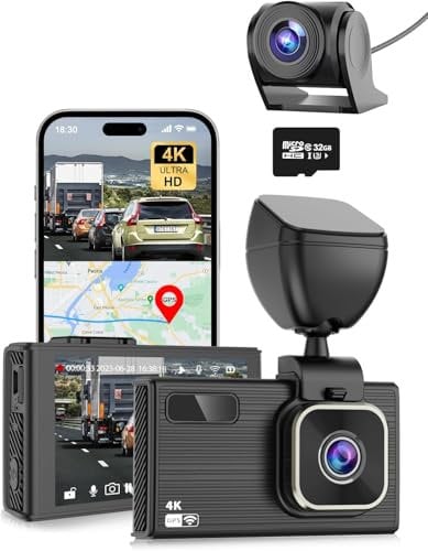 HBUDS Dash Cam Front and Rear, Dual Dashcam Front 4K and Rear 1080P Car Camera with WiFi & GPS, Included 32GB SD Card, 3.5” LCD Screen, 24H Parking Mode, Super Night Vision, G-Sensor, Loop Recording