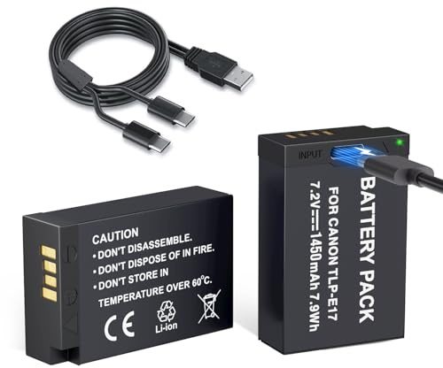 LP LP-E17 Akku 1450mAh 2er Pack USB-C Laden für Canon | Kompatibel mit Canon EOS R50 RP R10 R8 Rebel T8i T7i T6i T6s SL2 SL3 M3 M5 M6 EOS 200D 77D 750D 760D 800D 8000D