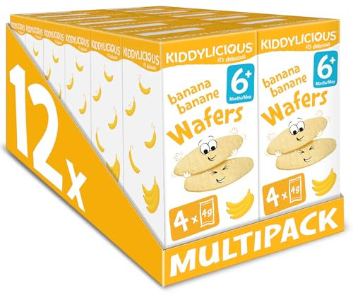 Kiddylicious Wafers Banane I Dès 6 Mois I Sans Gluten & Sans Lait I 12 Packs de 16g (4 Sachets de 4g) | 192g