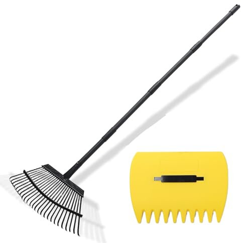 Garten-Laubbesen, 25 Zinken, Rasen-Nivellierrechen, robuste Hofwerkzeuge mit 162 cm verstellbarem Griff, Metallrechen zum Pflücken von Blättern, Gras, Müll, Schwarz