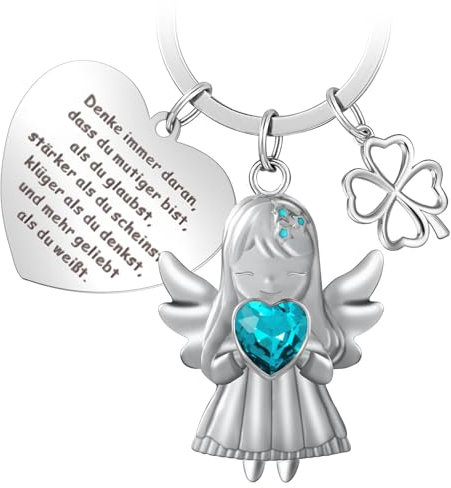 Schlüsselanhänger Schutzengel mit Herz und Gravur Inspirierende Geschenke Schlüsselanhänger Engel Glücksbringer Schlüsselband mit vierblättrigem Kleeblatt Geschenke für Frauen Männer Schutzengel