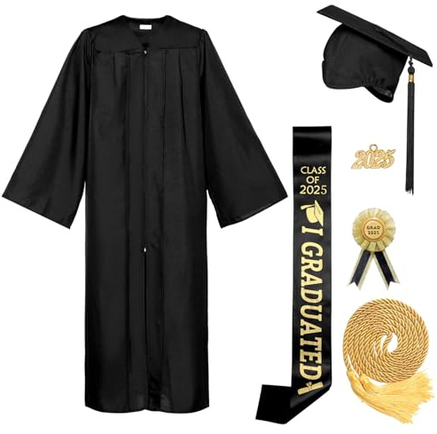 Joyesplay Abschluss Talar mit Doktorhut und Quaste 2025,6 Stück Abschlusskleid Schwarz mit Bachelor Hut Quasten 2025 für Bachelor Master Doktor (Schwarz, 51)