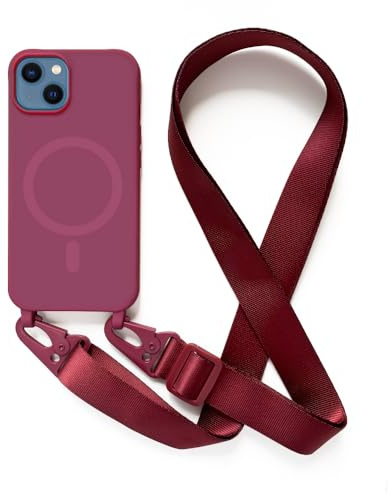 Leather Armor Handykette Hülle für iPhone 13(6.1) mit Band Halsband Lanyard (abnehmbar) Handyhülle, Verstellbarer Lanyard.Magnetisch Stoßfest Silikonhülle Wireless Charging kompatibel .-Rot