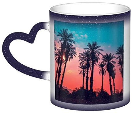 Color Changing Coffee Mug Palm Tree Sunset Ceramic Mug with Heart Handle Perfect for Home Office WOM