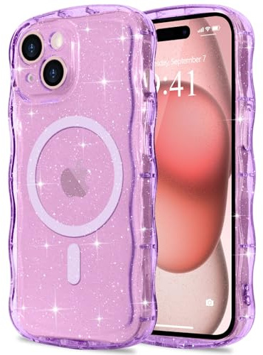 Pepmune for iPhone 15 Plus Case Clear Bling Compatible with Magsafe | Soft TPU Curly Wavy Frame & Hard PC Back,Sparkle Glitter Magnetic Cover,Slim Shockproof Wave Phone Case-Purple