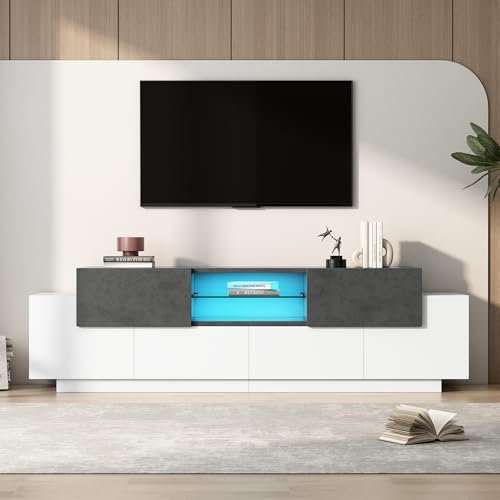 Witimisy Armario de TV LED, mueble de TV bajo, moderno con estantes de cristal para salón, dormitorio, con almacenamiento, para televisores de 80/75/70/65/55 pulgadas, blanco y gris, 180 x 40 x 45 cm