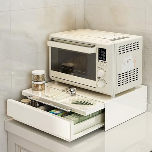 Plateau Coulissant pour Four à Micro-Ondes Organisateur de Comptoir de Cuisine Support en acier avec tiroirs et étagères coulissants pour micro-ondes compacts, cafetières et appareils de cuisine Blanc