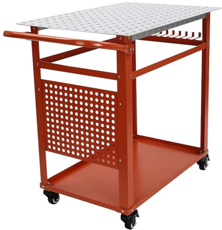 Schweißtisch 600lbs Tragfähigkeit - Industrielle Werkbank auf Rädern (91.44x61x91.44cm) für Autoreparatur & Metallbearbeitung | Rot | Inkl. Schlagen/Beizen/Bohren