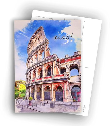 Edition Colibri 10 Postkarten A6 Rom Aquarell Kolosseum – Ciao, blanko Postkarte als Reise Souvenir, Fotokarten Wanddeko, Custom Poster, schöne Spruchkarte, Rückseite zum Beschreiben und Verschicken