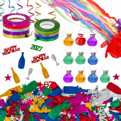 JrnSvp 20-teiliges Silvester Deko Set 2026: 9 Rollen Bunt Luftschlangen, 15g Konfetti, 10 Konfettikanone für Tischdeko Party