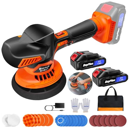 Cordless Buffer Polisher - 6 inch Car Polisher with 2pcs 21V 1500mAh Lithium Battery and 27 PCS Attachments, Car Buffer Polisher 6 Variable Speed 2800-5500RPM for Auto Detailing/Polishing/Waxing