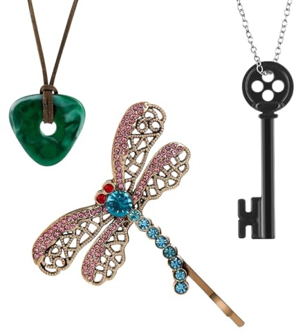 FrostyFlair Kostüm Schmuck Set, Knopfaugen Key Stone Halskette, Libelle Clip für Cosplay, Schmuck für Halloween & Filmrequisiten, Geschenk für Fans