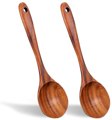 2PCS Wooden Cooking Spoons, Wooden Spoons for Cookings, Natural Wood Spoon, Good Grip Large Cooking Spoon and Woodens Spatula for Mixing, Baking, Serving and Stirring