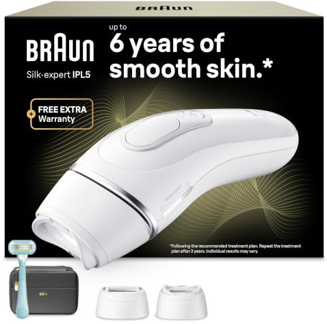 Braun IPL Geräte Haarentfernung Silk·expert Pro 5, PL5234, Weiß/Silber | Alternative Laser Haarentfernung für Zuhause, Dauerhafte Haarentfernung, Inkl. Etui, Gillette Venus Rasierer Und 2 Aufsätze