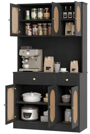 KOMFOTTEU Buffet Haut, Station Charge, 2 Tiroirs & 4 Armoires à Porte, Noir | Meuble Rangment, Armoire de Cuisine, Étagères Réglables, pour Salle à Manger, Salon, 100 x 40 x 180 cm