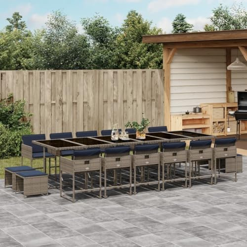 Mandloder 17-teiliges Garten-ESS-Set, Polyrattan Grau, Outdoor-Möbel mit Kissen, Gartentisch, 12 Stühle, 4 Hocker, UV-beständig, platzsparend