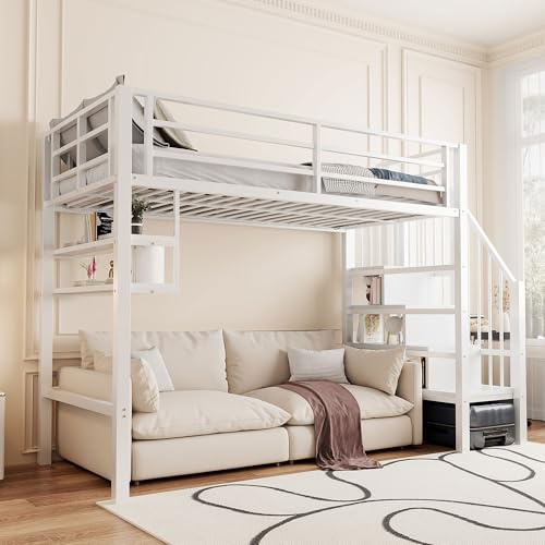 VIEKOS Hochbett, 90x200cm, Einlegeböden, Stauraumleiter,Freiraum unter dem Bett zum Verkleiden, Geländer, ohne Matratze, Weiß