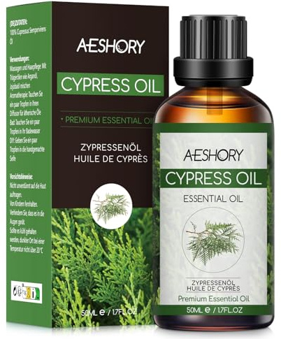 AESHORY Olio Essenziale di Cipresso 50ML, Naturali Olio di Cipresso, Olio Profumati Aromaterapia Premium per Diffusori, SPA, Massaggio, Cura della Pelle
