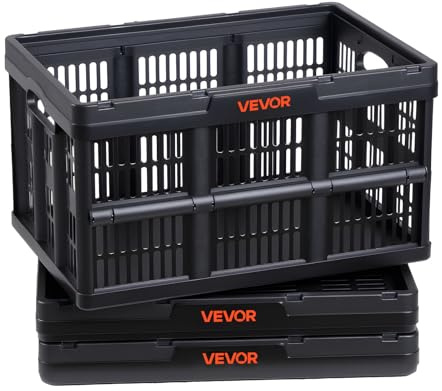 VEVOR Scatole Portaoggetti Pieghevoli in Plastica 45 L, Cassette Pieghevoli Impilabili con Maniglie, Confezione da 3, Portata Massima 15 kg, Cesti Contenitori Pieghevoli Resistenti e Salvaspazio, Nero