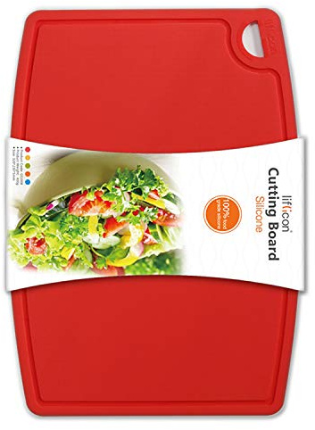 Liflicon Thick Silicone Cutting Board 12.6'' x 9.1'' Juice Grooves Easy Grip Handle Dishwasher Safe-Red
