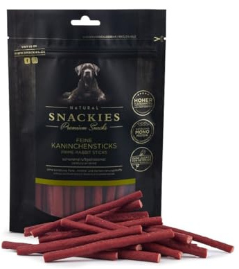 SNACKIES Feine Kaninchensticks 80g Premium Snacks für Hunde, ohne Zusatz von Getreide, Zucker, Farb-, Aroma- und Konservierungsstoffe, schonend luftgetrocknete Leckerli