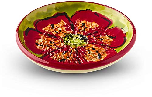 Garlic Grater Plate. (#Ref 16). Handmade and Hand Painted in Cordoba, Spain. Green Plate with Big Red Flower and Red Rim.