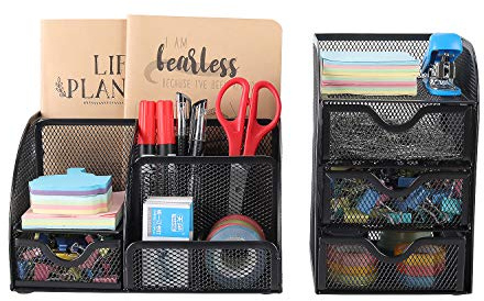 EasyPAG Desk Tidy 2 Piece Set, Desktop Organiser and 3 Tier Drawer,Black | Metal Mesh,Home and Office,Office Supplies Holder,Stationery Storage