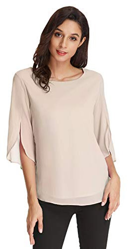 GRACE KARIN Camicia Donna Elegante Bluse Scollo Tondo Camicia Donna Chiffon per Primavera Estivo Beiga S CLAF15-2