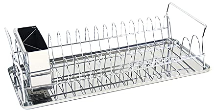 Escurreplatos de acero inoxidable con bandeja de goteo y bandeja de cubiertos extraíble – 45 x 21 x 12 cm – Cromo – Bandeja de goteo – Vajilla – Acero inoxidable