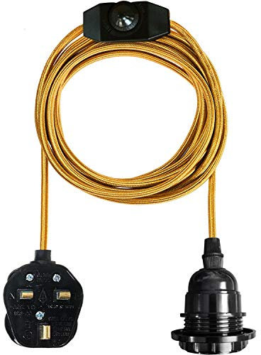 LEDSone Vintage Pendant Light Fitting with Plug in Gold 2 meter with in Line On/Off Switch E27 Screw Lamp Holder Industrial Hanging Light Fitting Kit (Gold)