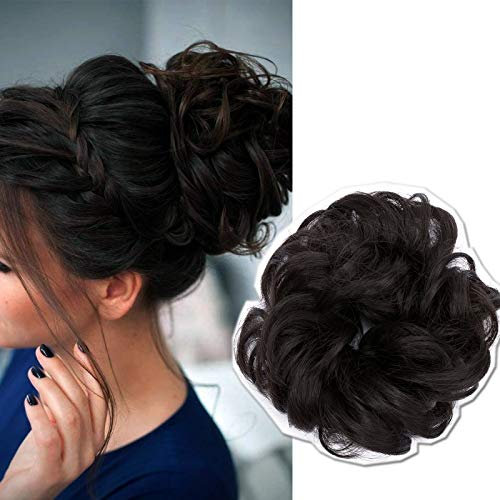 Silk-co Haarteil mit Gummiband, Dutt mit Haaren Gewellt Weich Dutt Haarteil mit Gummiband 25 g, Gelockt Haarverdickung Hair Extensions Messy Bun Hochsteckfrisuren Dunkelbraun