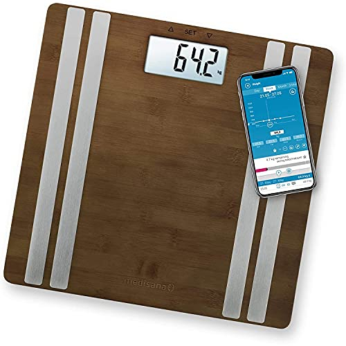 medisana BS 552 connect, digitale Bambus-Körperanalysewaage bis 180kg, Personenwaage zur Messung von Körperfett, Körperwasser, Muskelmasse und Knochengewicht, Körperfettwaage mit Körperanalyse App