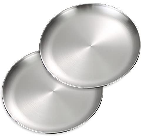 Betinyar 2 piatti piani in acciaio inox da 26 cm, piatti in acciaio inossidabile, piatti piani in metallo per insalata di bistecca, piatti da campeggio all'aperto (argento, 26 cm)
