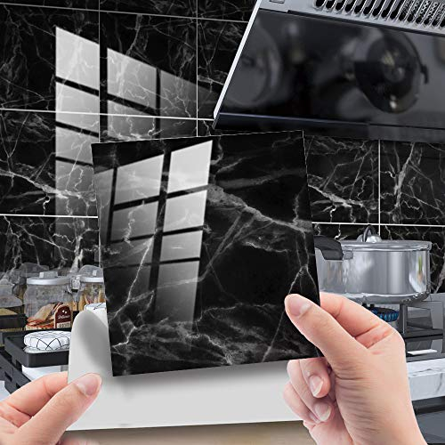 HORIWE Marble Tile Stickers for Kitchen Bathroom Backsplash PVC Waterproof Oil Proof DIY Self Adhesive New Wall Stickers Home Decor 4x4 Inches 20pc (Black Marble Pattern 3, 10x10cm (4x4))