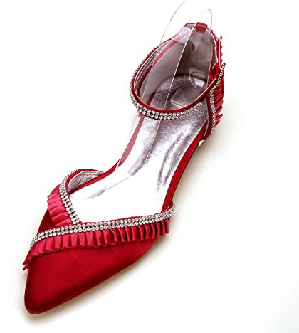 HYMYSUNY Women Wedding Shoes for Bride Satin Pointed Toe Pumps with Rhinestone Closed Toe Ballet Flats,Dark Red,3 UK