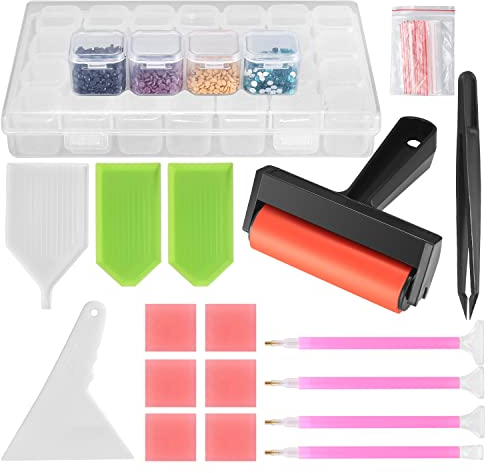 pzihao 42 Stück 5D Diamond Painting Zubehör Set, 5D Diamant Malerei Werkzeug Aufbewahrungsbox für Erwachsene/Kinder, mit Stifte, Kleber, Platte, Pinzette, Taschen, Etikette