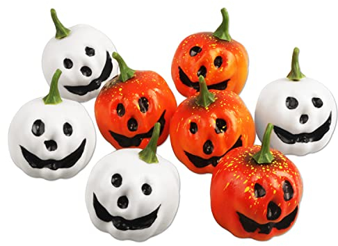 8 PCS Halloween Pumpkins Decorations, Small Artificial Pumpkins Plastic Pumpkins for Fall Autumn Halloween Mantle Table Outdoor Decor, White Orange