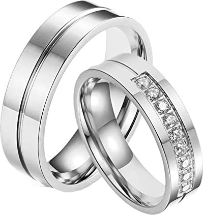 Whoiy Edelstahl Ring Damen Silber, Verlobung Ringe Paare Ehering mit Mittelrille Zirkonia für Frauen 54 (17.2) Kostenlos Gravieren