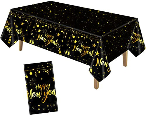 PLULON Frohes Neues Jahr Tischdecke Kunststoff Tischdecke 2025 Neujahr Tischdecke Schwarz und Gold Frohes Neues Banner für Silvester Party Feier Festival Home Wand Tischdekoration