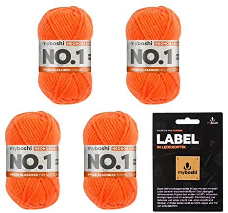 myboshi No.1 Wolle zum Häkeln und Stricken, Schnellstrickgarn, inkl. Label, Strickwolle, Häkelwolle, mulesing-frei, Ll. 55m /50g, 30% Wolle (Merinowolle) Neonorange, 4 Knäuel