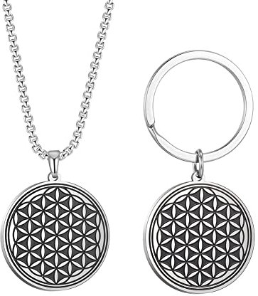 Ensemble de collier vintage en forme de fleur en acier inoxydable avec pendentif géométrique sacré, porte-clés de guérison spirituelle, bijoux religieux pour homme et femme