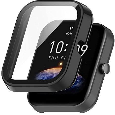 KINKUUN Custodie case in Vetro Temperato Compatibili con Amazfit Bip 3/3 pro Protettiva Cover con Vetro Temperato Protezione Schermo Anti-Graffio.(Nero)