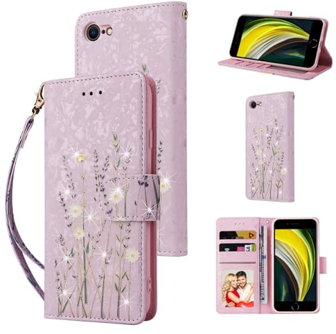 UEEBAI Wallet Case for iPhone SE 2022/7/8/SE 2020, PU Leather Phone Case Kickstand RFID Blocking Flip Case with Card Slots Wrist Strap Enbossed Magnetic Folio Case - Pansy Lavender
