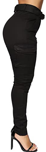 Nuofengkudu Stretch Pantalon Cargo Femme Taille Elastique avec Poche Laterale Uni Slim Gothique Travail Leggings Classique Chic Taille Haute Fille School Streetwear Vintage Aesthetic Clothes Noir XL