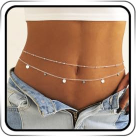 Ushiny Boho Taillenkette Perlen Bauchkette Layered Pailletten Körperkette Sommer Körperzubehör für Frauen und Mädchen (Silber)