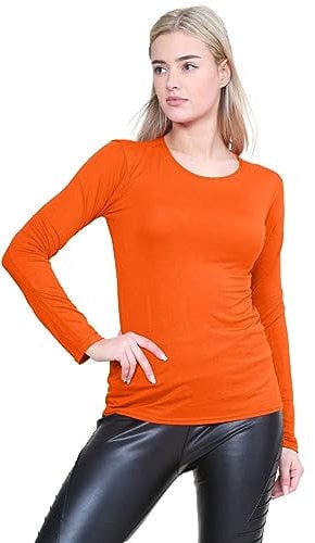 janisramone® Long Sleeve T Shirts Women, Plain Round Neck Breathable Basic Summer Tops for Women UK, Stretchy Slim Fitted Going Out Tops Neon Orange
