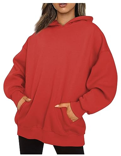 LUNULE Italienische Mode Damen Jacke Damen Damen Wintermantel Wolldecke Mit Ärmel Erwachsene Einfarbig Langarm Rundhals Pullover Mit Kapuze Herbst Winter T Shirt Damen Langarm (Vermilion, 5Xl)