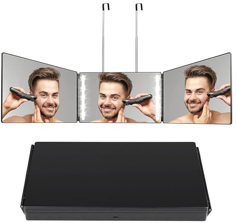 Kingbar 360 Grad Spiegel Mit LED, 3-seitiger Spiegel, Für Make-up, Duschspiegel, Rasierspiegel, Hängespiegel, Verstellbarer Kosmetikspiegel, Black